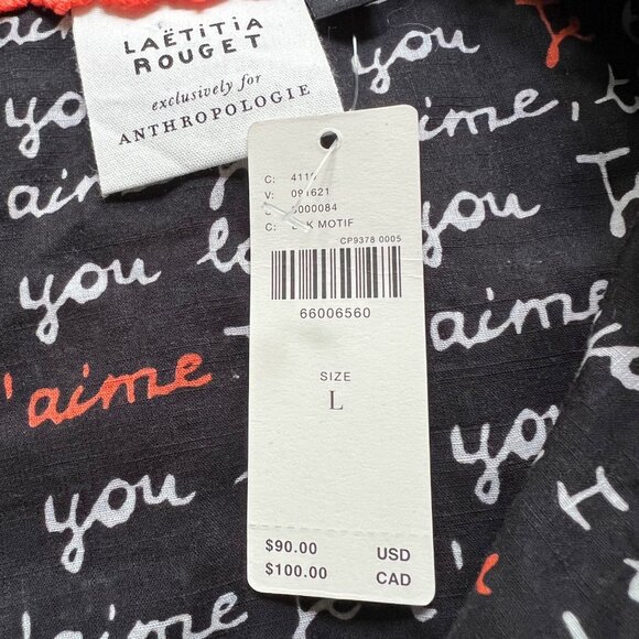 Anthropologie Laetitia Rouget Sz L Black Motif I Love You Puff Sleeve Blouse NWT - Picture 5 of 16